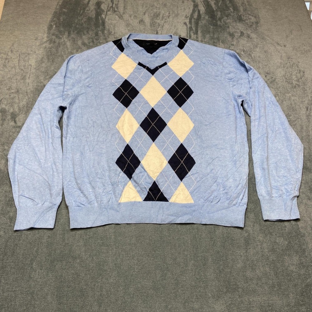 Y2K Tommy Hilfiger Sweater Mens XL Blue Argyle Print Cotton Tight Knit Ribbed